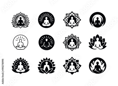 Divine presence. Icon set. Set Logo of Divine presence: mandala aura circle. harmonious logo variations of the same emblematic concept, each