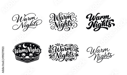 Harmonious Lettering Variations. Warm nights. Set lettering. harmonious lettering variations of the same emblematic concept, each with different artistic