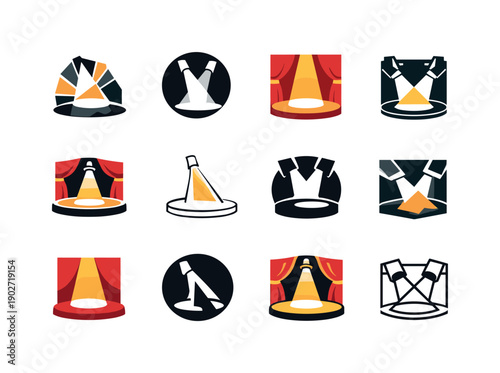 Theater performance. Icon set. Set Logo of theater performance: spotlight on stage. harmonious logo variations of the same emblematic