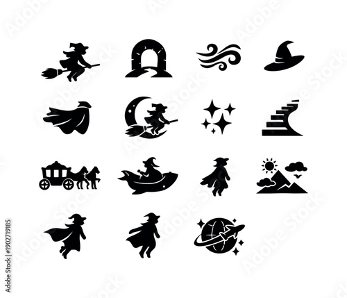 Fantasy Witch Icons. Fantasy Witch Travel. Solid icon set of Fantasy Witch Travel: witch riding broom, travel arc, mystical wind, pointed hat tilt, cloak flow,