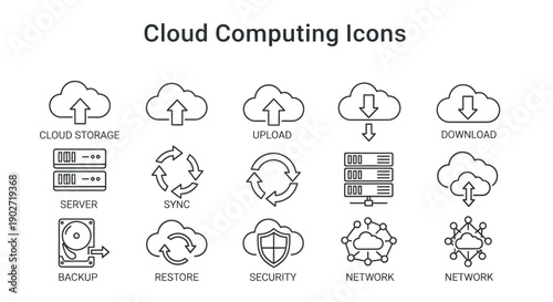A comprehensive set of minimalist line icons detailing various essential cloud computing functions like storage, security, backup, and network architecture concepts.