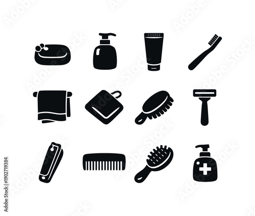 Bathroom shelf. Solid icon set of hygiene essentials: soap bar, liquid soap dispenser, toothpaste tube, toothbrush, hand towel, washcloth,