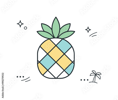 Abstract pineapple flat lay. Geometric pineapple shape floating alone with minimal decorative accents. Playful yet calm tropical concept with