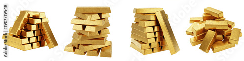 Foto Set and collection of stacked gold bars and bullions, luxury treasure and financial success concept, isolated on white transparent png background