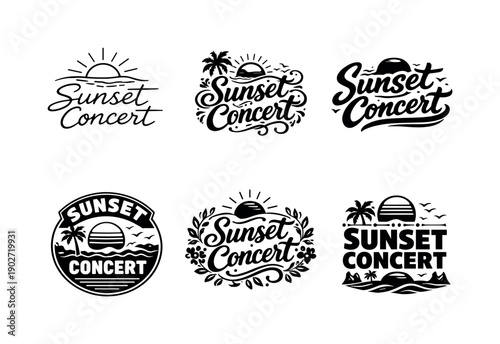 Harmonious Lettering Showcase. Sunset concert vibes. Set lettering. harmonious lettering variations of the same emblematic concept, each with different
