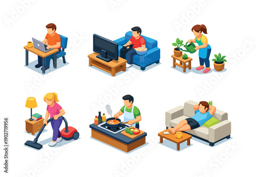 Home activities. Isometric flat vector icons set of home activities: person working on laptop, person watching TV, person watering plants,