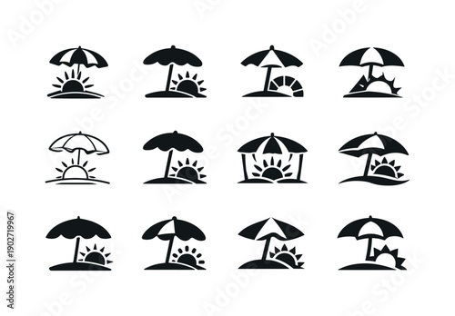 Applying sunscreen for daily protection. Icon set. Set Logo of Applying sunscreen for daily protection: sun umbrella with SPF symbol.