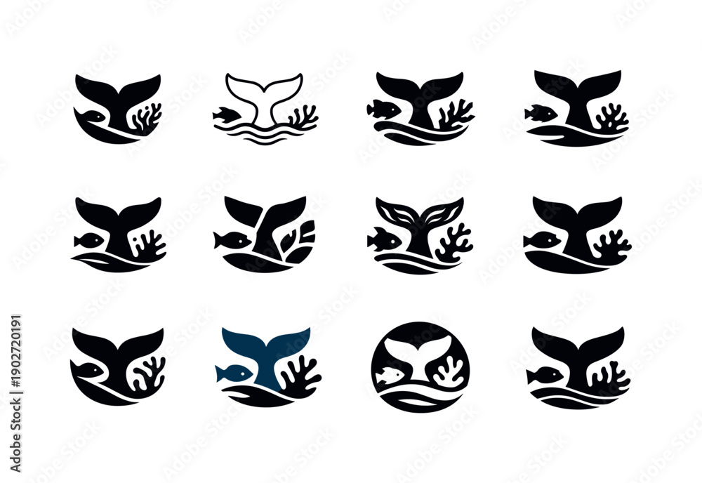 Naklejka premium Ocean biodiversity. Icon set. Set Logo of Ocean biodiversity: whale tail. harmonious logo variations of the same emblematic concept, each