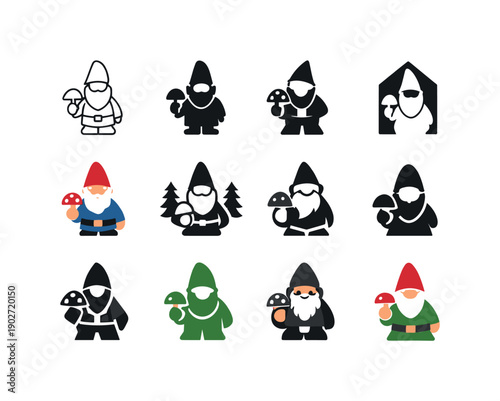 Garden Gnome Icon Set. Decorating outdoor spaces with garden gnomes and figurines. Icon set. Set Logo of Decorating outdoor spaces with garden gnomes and