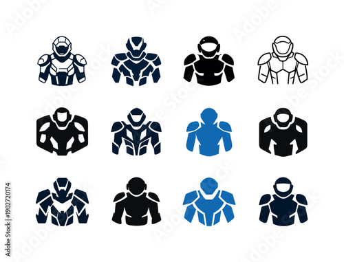 Spacesuit technology. Icon set. Set Logo of spacesuit technology: futuristic mobility exosuit. harmonious logo variations of the same