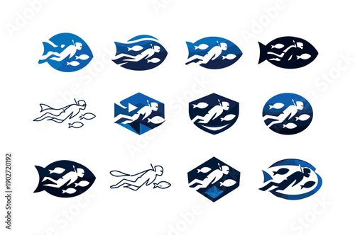 Snorkeling Icon Variations. Snorkeling. Icon set. Set Logo of snorkeling: fish and snorkeler silhouette. harmonious logo variations of the same emblematic