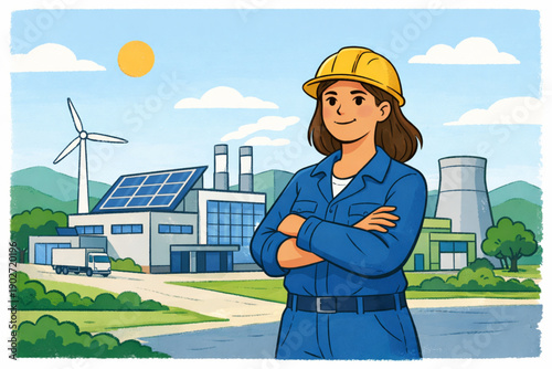 Proud female worker in front of a sustainable factory with wind turbines and solar panels