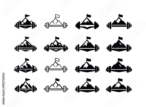 Fitness Milestone Logos. Fitness milestone. Icon set. Set Logo of Fitness milestone: mountain peak with flag and barbell. harmonious logo variations of the