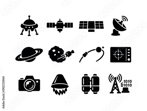 Interplanetary Probes. Solid icon set of Interplanetary Probes: planetary probe, orbiting satellite, solar panel array, communication