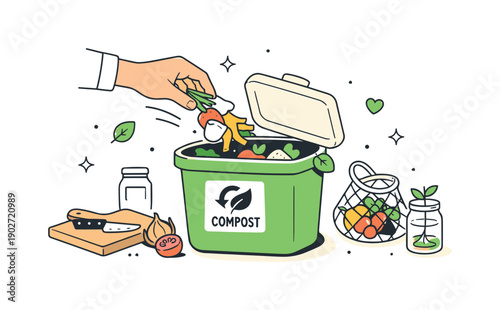 Eco-Friendly Kitchen Routine. Eco kitchen routine. A hand placing food scraps into a compost bin, slow and careful movement. Friendly sustainability scene with