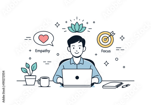 Workplace emotional balance. Employee at desk with neutral posture, emotion icons subtly floating around. Calm control, empathy, and focus