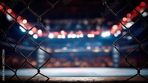Empty mma fight cage with stadium lights blurring