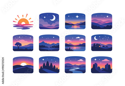 Twilight land. Colorful flat vector icons set of twilight land: fading sun, purple sky, blue hour tones, calm plains, distant hills, quiet