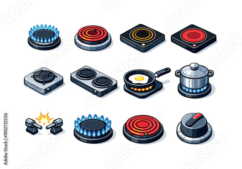 Stovetop Burner. Colorful isometric vector icons set of Stovetop Burner: gas burner flame, electric coil burner, induction burner, ceramic