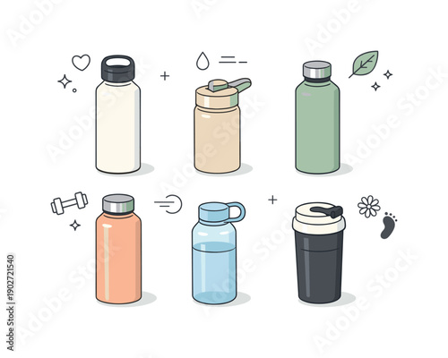 Minimalist Water Bottle Layout. Stylish water bottles flat lay. Simple reusable water containers in soft neutral tones placed in a grid layout, emphasizing