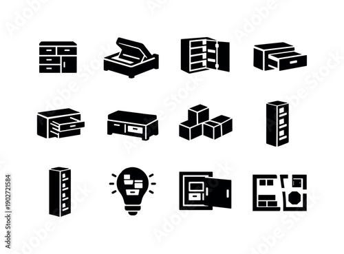 Compact Storage Icons. Space saving storage. Solid icon set of space saving storage: compact storage unit, hidden compartments, fold out storage, pull out