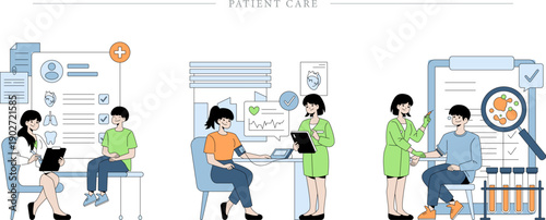 Patient Care and Medical Services Vector Set Doctor Consultation, Health Monitoring and Laboratory Diagnostics