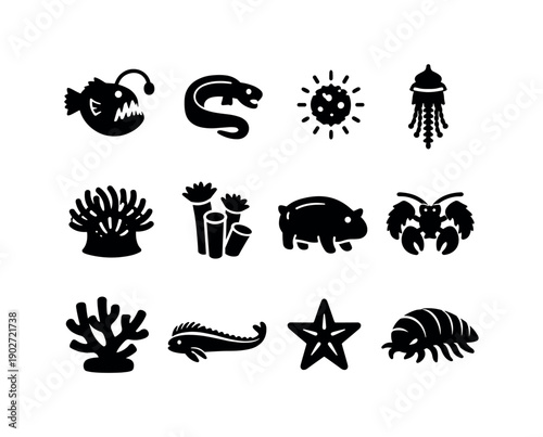 Submarine Creature Icons. Submarine Creatures. Solid icon set of Submarine Creatures: anglerfish lure, deep sea eel, glowing plankton, siphonophore, deep sea