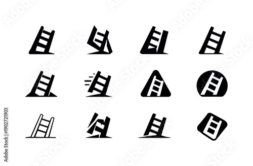 Unsafe ladders. Icon set. Set Logo of unsafe ladders: tilted ladder. harmonious logo variations of the same emblematic concept, each with