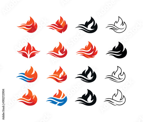 Flame Wind Logos. Flame in the wind. Icon set. Set Logo of flame in the wind: fire and airflow symbol. harmonious logo variations of the same emblematic