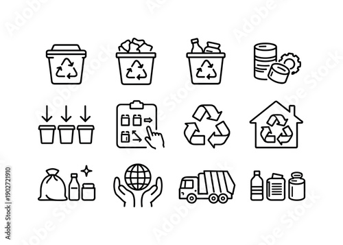 Recycling and Sorting. Line icon set of Recycling and Sorting: plastic recycling bin, paper waste bin, glass waste bin, metal recycling,