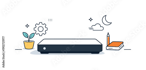 System on standby. A thoughtful editorial scene where a device rests quietly with a small standby light glowing. The illustration suggests