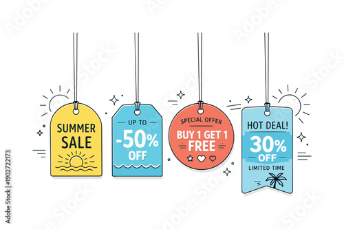 Summer sale tags. Bright yet calm summer sale tags hanging neatly on thin strings. Friendly retail mood, clear discounts and seasonal