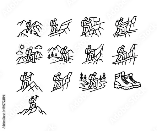 Extreme Hiking. Line icon set of Extreme Hiking: mountain ridge trail, steep cliff path, rock scrambling route, exposed narrow trail, high