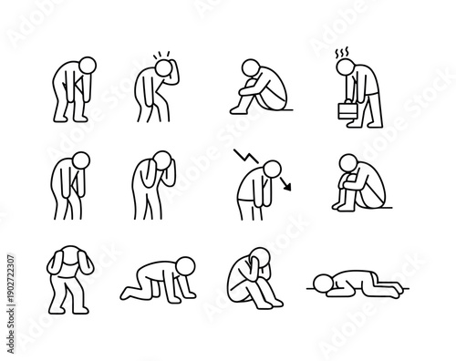 Defeated Person. Line icon set of Defeated Person: exhausted stance, burnout posture, failure body language, tired standing pose, overwhelmed