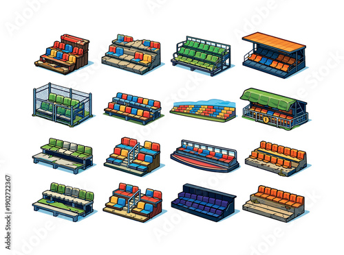 Deserted Grandstand Icons. Deserted grandstand. Colorful isometric vector icons set of deserted grandstand: abandoned stadium seating, weathered empty stands,