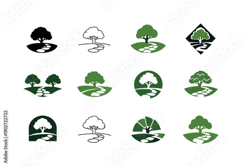 Landscapers designing gardens and yards. Icon set. Set Logo of Landscapers designing gardens and yards: tree and stone path. harmonious logo