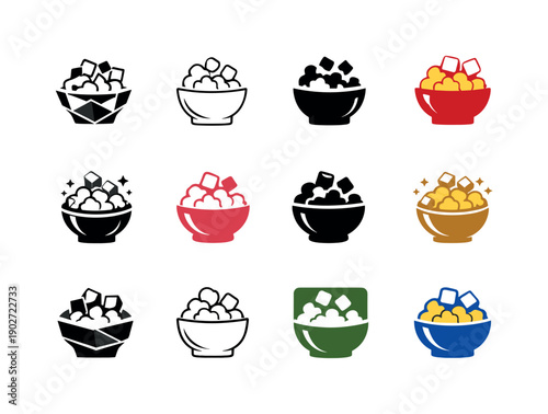 popcorn with sugar. Icon set. Set Logo of popcorn with sugar: sweet popcorn bowl. harmonious logo variations of the same emblematic concept,