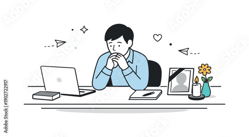 Quiet Reflection at Work. Working through loss. An employee sitting quietly at a desk with a subtle symbol of remembrance nearby, posture calm but reflective.