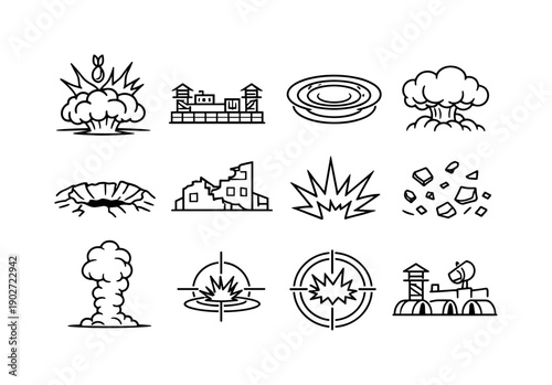 Airstrike Icon Set. Airstrike Explosion on Enemy Base. Line icon set of Airstrike Explosion on Enemy Base: aerial explosion burst, target base silhouette,