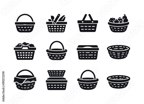 Basket. Solid icon set of basket: empty woven basket, picnic basket, shopping basket, fruit basket, laundry basket, basket with handle,