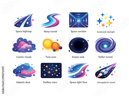 Interstellar Space Icons. Interstellar Space. Colorful flat vector icons set of Interstellar Space: star highway, glowing warp line, space corridor, scattered