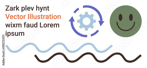 Business workflow, communication concepts, branding, optimism, teamwork, and innovation. Gear icon with circular arrows, smile face wave lines text elements. Business workflow and communication