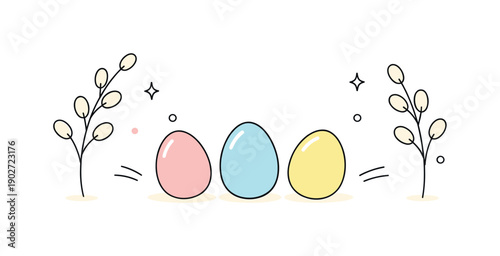 Easter decor minimal. Simple pastel-colored eggs and soft branches arranged with space and balance, expressing calm seasonal celebration.