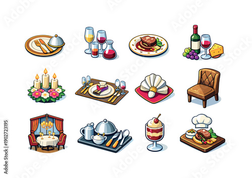 Upscale Dining Icons. Upscale dining. Colorful isometric vector icons set of upscale dining: premium tableware, glassware set, sophisticated plate, wine