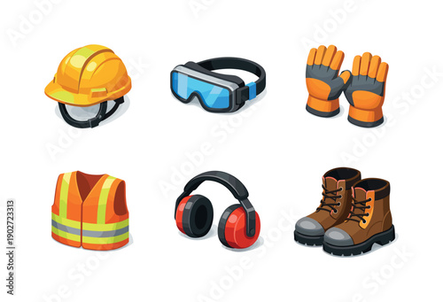 Construction safety. Isometric flat vector icons set of construction safety: hard hat with chin strap, safety goggles, protective gloves,