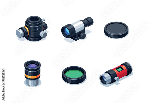 Stargazing Gear Icons. Stargazing gear. Isometric flat vector icons set of stargazing gear: telescope focuser unit, optical finder scope, removable lens cap,