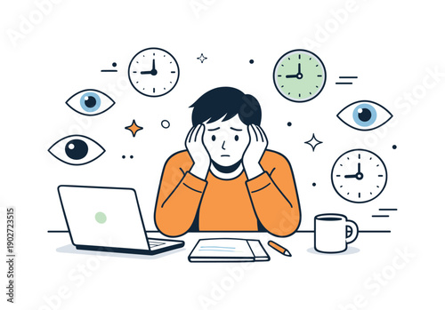 Employee monitoring stress and anxiety. An employee surrounded by small eye and clock icons, pausing before continuing work. The mood