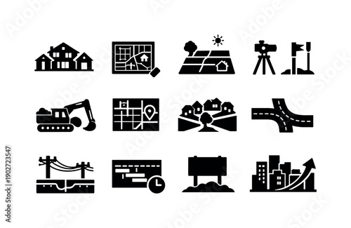 Housing Development. Solid icon set of Housing Development: residential houses, site planning, land plot, survey markers, construction