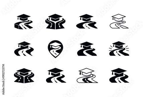 Personalized Learning Icons. Personalized learning paths. Icon set. Set Logo of Personalized learning paths: graduation cap on roadmap icon. harmonious logo