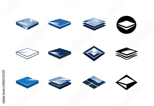 Surface. Icon set. Set Logo of Surface: reflective surface with highlight. harmonious logo variations of the same emblematic concept, each